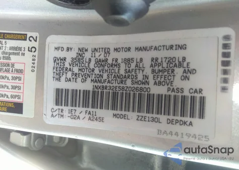 2008 Toyota Corolla Ce/Le/S z USA, uszkodzony, nr VIN 1NXBR32E58Z026800